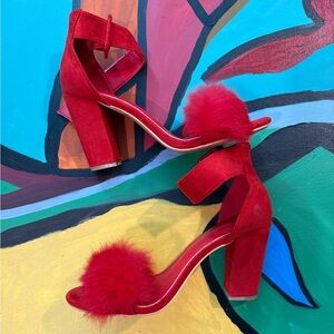 Red Women's Heels with Faux Fur Accent Barbiecore, Glamour, Diva Energy